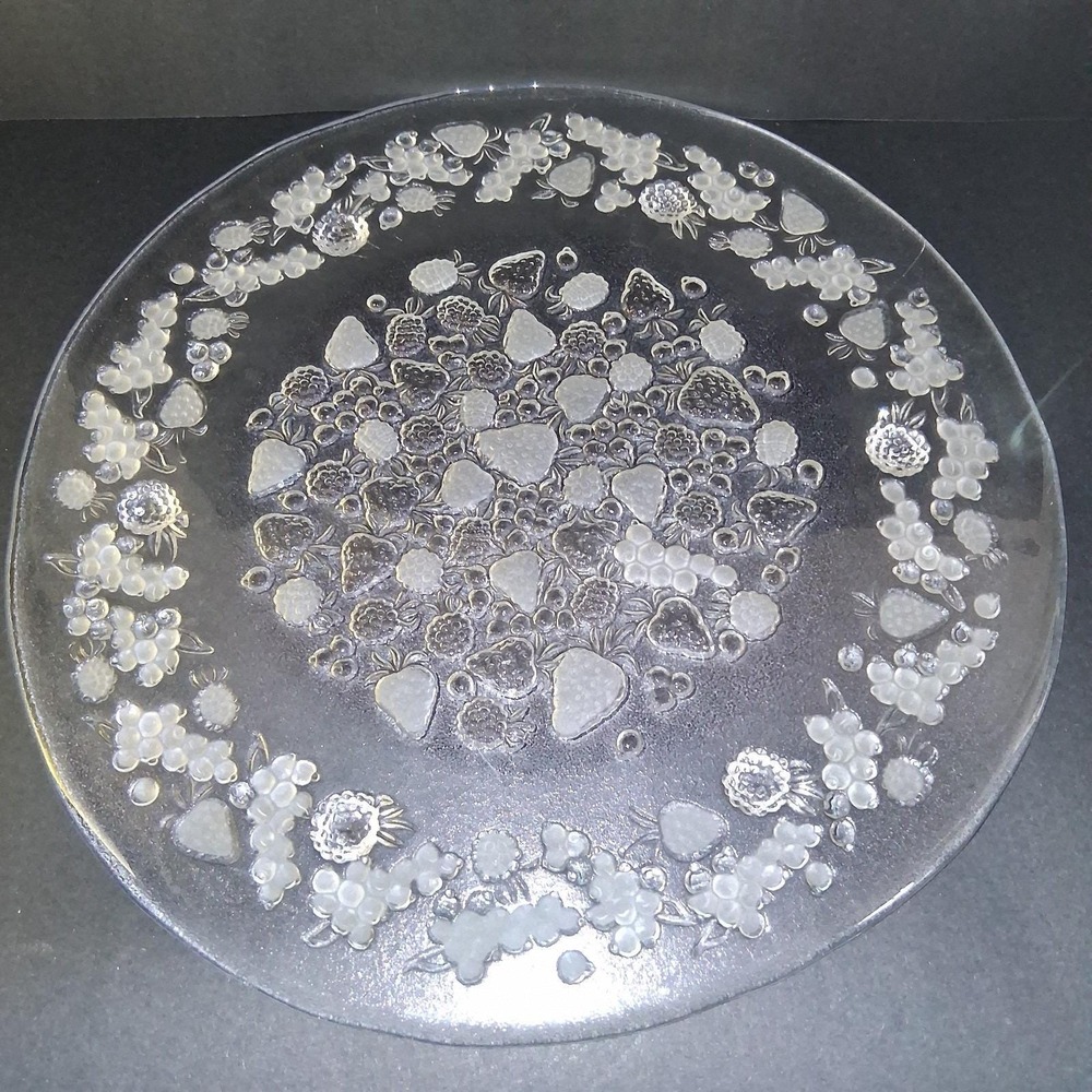 Vintage Clear Glass 6 Footed Round 13 ‎ Serving Platter Strawberry Fruit Pattern